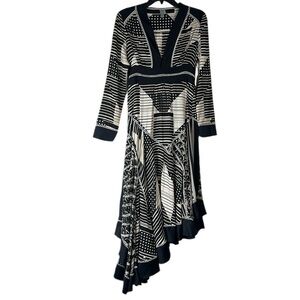 Anthro Blank London Asymmetric Dress Black Tan Mixed Print Boho Midi Small